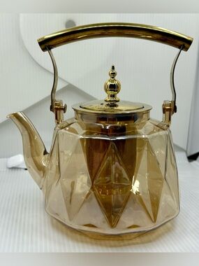 Charbrew Patterned Amber Borosilicate 1000 ml Teapot Gold Lid Infuser & Handle